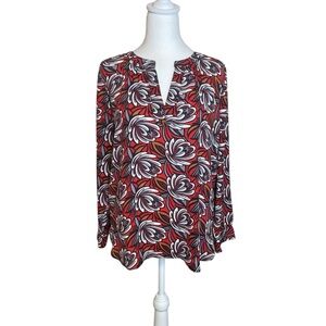 LOFT Ann Taylor Medium Petite Black Red Floral Long‎ Sleeve V-Neck Blouse Office
